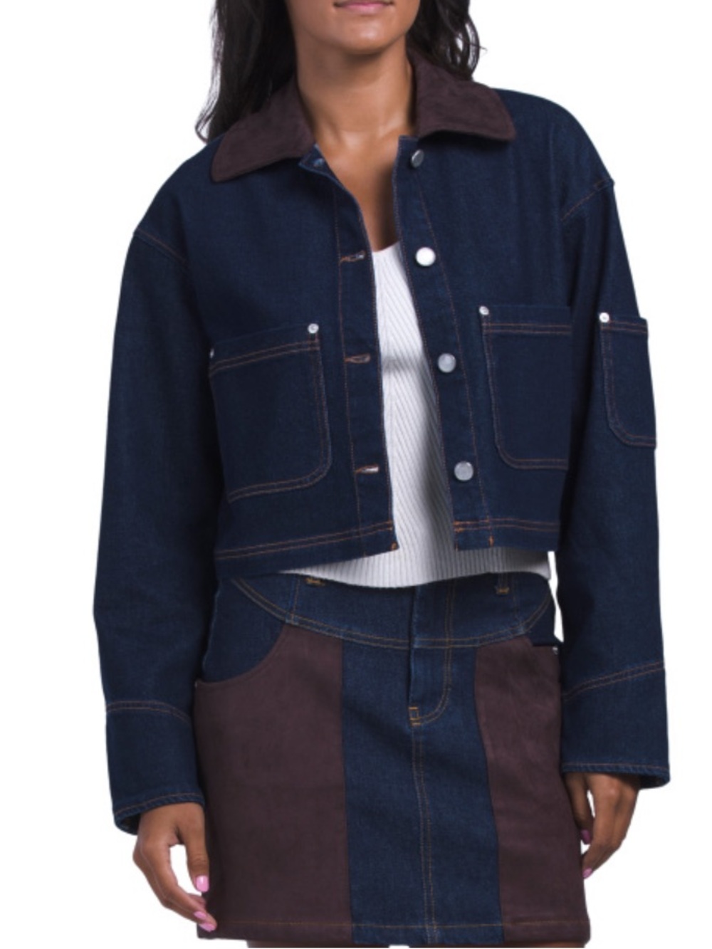 Avec Les Filles Dark Blue Denim Cropped Jacket with Brown Collar